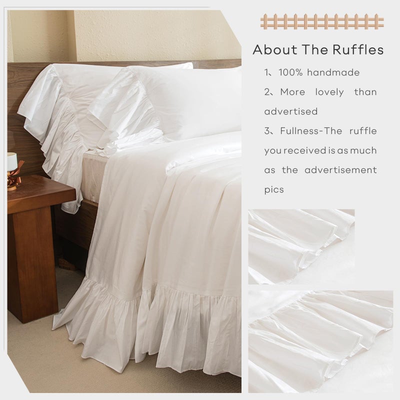 QSH Queen's House White Ruffles Bed Sheet Set Cotton 4-Piece King Size-Style G - Image 4